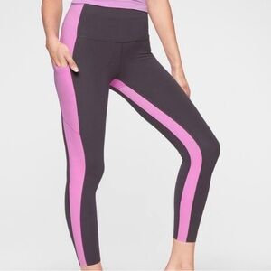 Athleta Stripe 7/8 Tights, Charcoal and Pink, small
